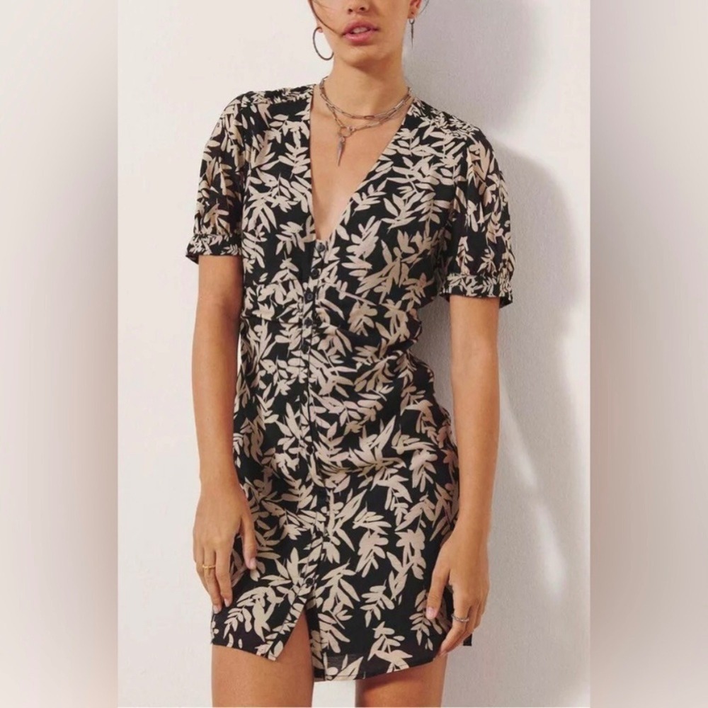 ba&sh Lina Leaf Print Button‎ Front Short Sleeve Mini Dress XS Black Beige